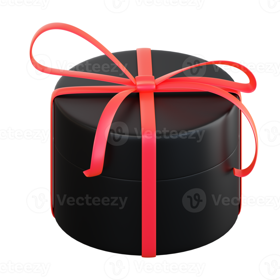 Realistic black gift box with red ribbon bow. Concept of abstract holiday, birthday, Christmas or Black Friday present or surprise. 3d high quality isolated render png