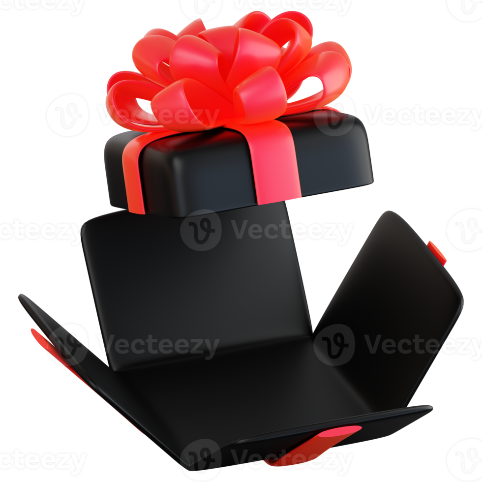 Realistic black gift box with red ribbon bow. Concept of abstract holiday, birthday, Christmas or Black Friday present or surprise. 3d high quality isolated render png