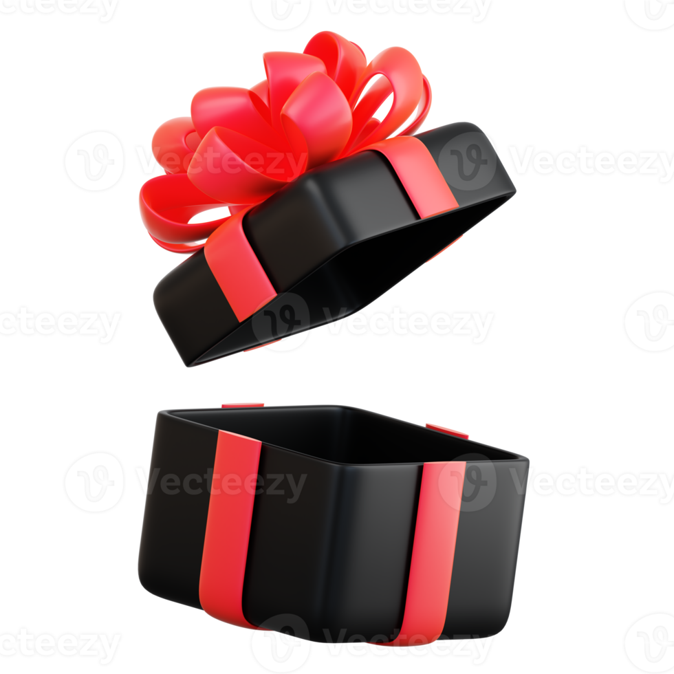 Realistic black gift box with red ribbon bow. Concept of abstract holiday, birthday, Christmas or Black Friday present or surprise. 3d high quality isolated render png