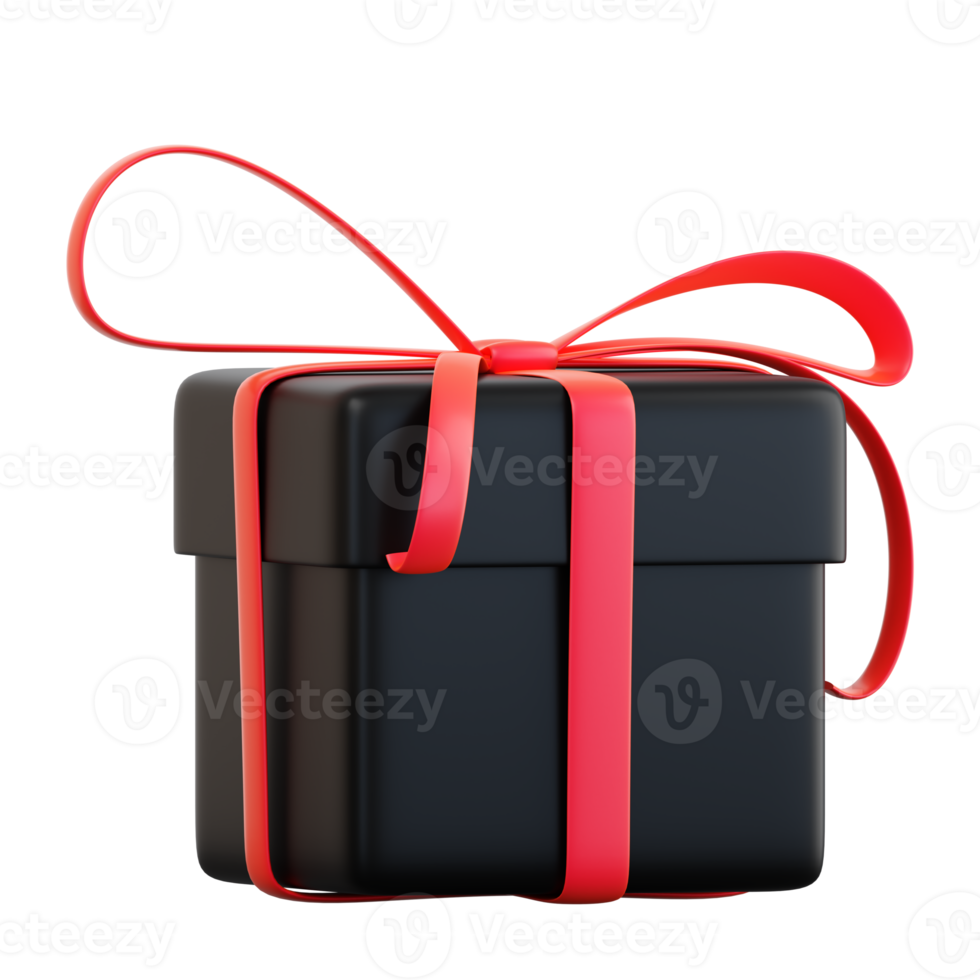 Realistic black gift box with red ribbon bow. Concept of abstract holiday, birthday, Christmas or Black Friday present or surprise. 3d high quality isolated render png