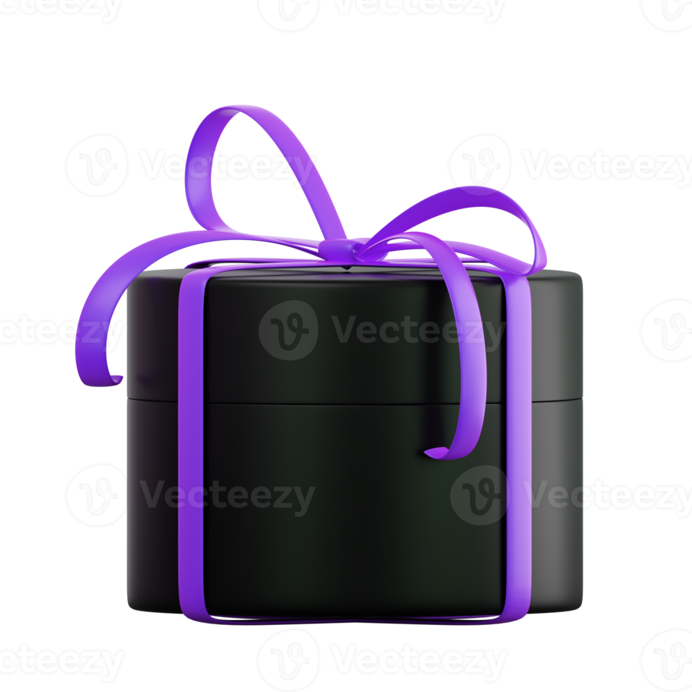 Realistic black gift box with violet or purple ribbon bow. Concept of abstract holiday, birthday, Christmas or Black Friday present or surprise. 3d high quality isolated render png