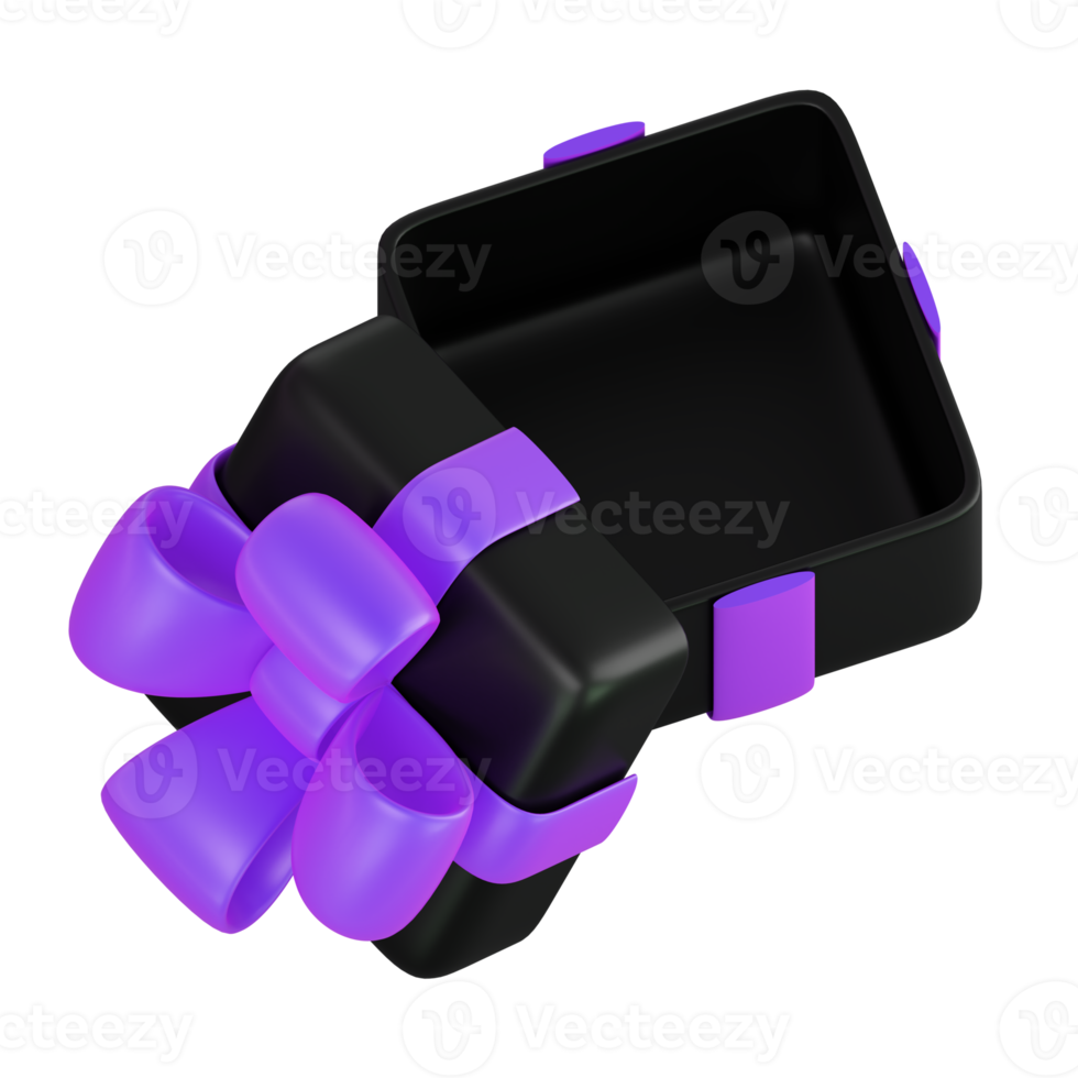 Realistic black gift box with violet or purple ribbon bow. Concept of abstract holiday, birthday, Christmas or Black Friday present or surprise. 3d high quality isolated render png