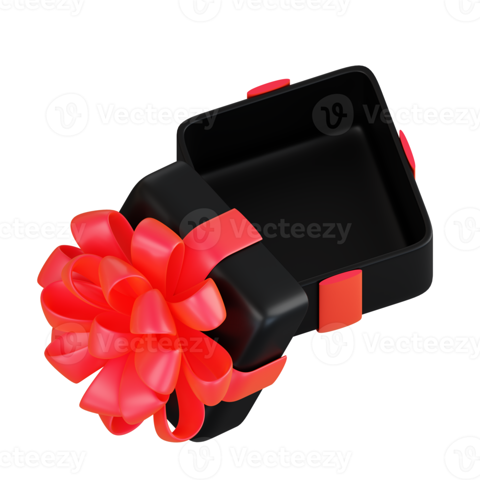 Realistic black gift box with red ribbon bow. Concept of abstract holiday, birthday, Christmas or Black Friday present or surprise. 3d high quality isolated render png