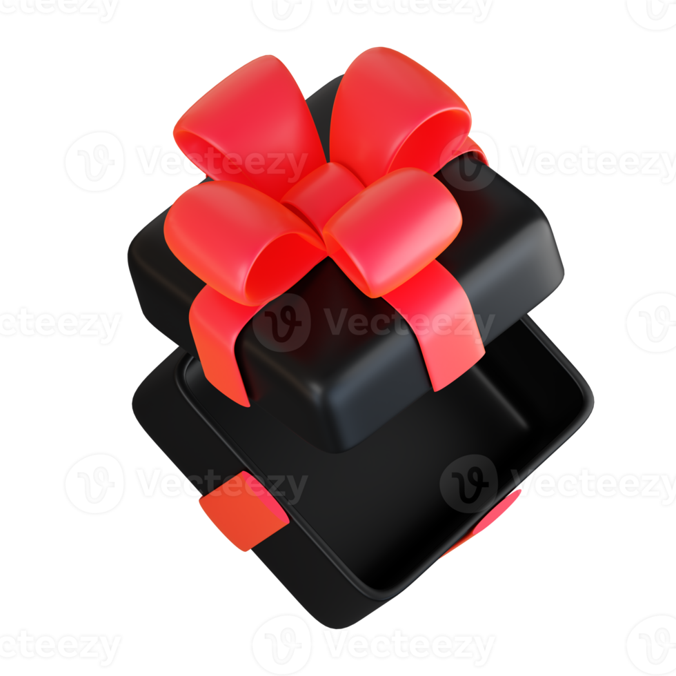 realistico nero regalo scatola con rosso nastro arco. concetto di astratto vacanza, compleanno, Natale o nero Venerdì presente o sorpresa. 3d alto qualità isolato rendere png