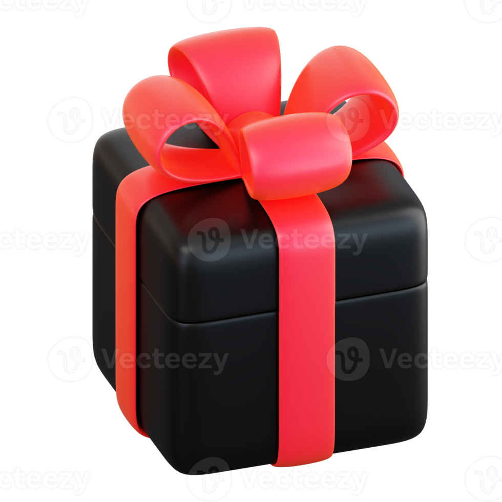 Realistic black gift box with red ribbon bow. Concept of abstract holiday, birthday, Christmas or Black Friday present or surprise. 3d high quality isolated render png