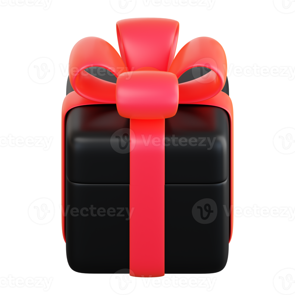 Realistic black gift box with red ribbon bow. Concept of abstract holiday, birthday, Christmas or Black Friday present or surprise. 3d high quality isolated render png