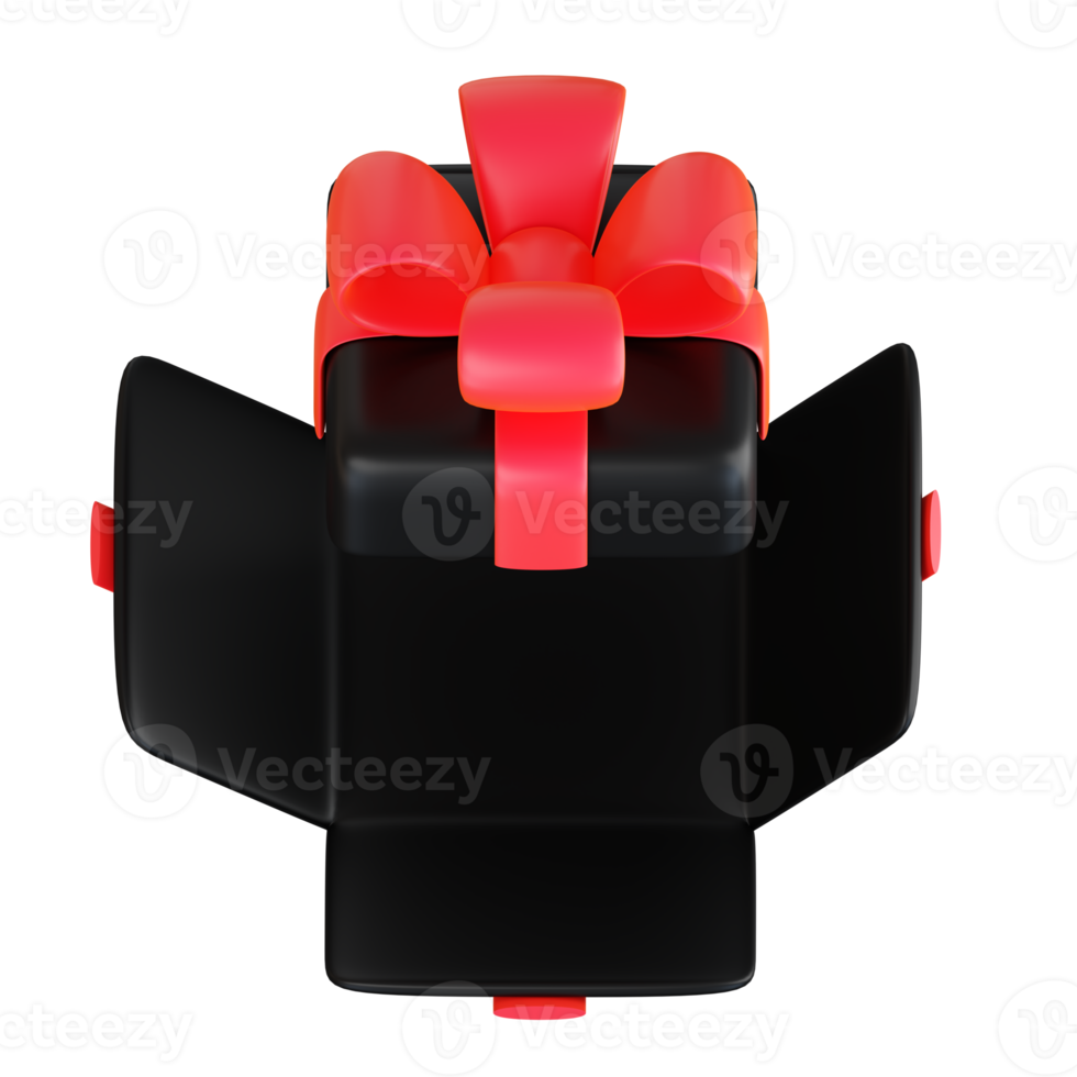 Realistic black gift box with red ribbon bow. Concept of abstract holiday, birthday, Christmas or Black Friday present or surprise. 3d high quality isolated render png