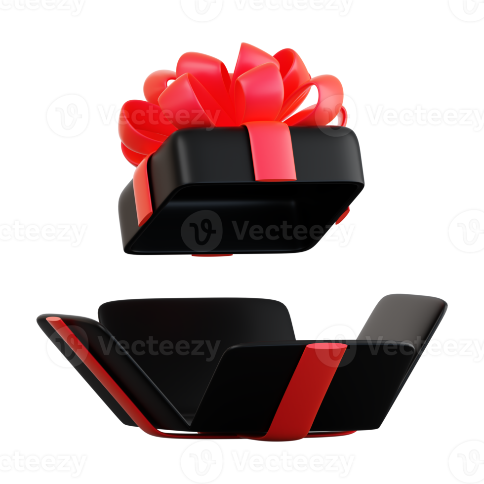 Realistic black gift box with red ribbon bow. Concept of abstract holiday, birthday, Christmas or Black Friday present or surprise. 3d high quality isolated render png