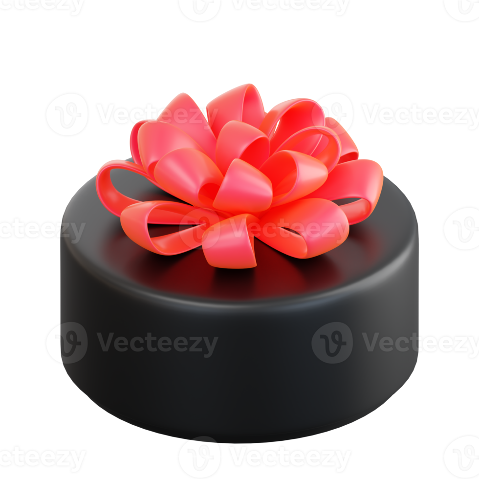 Realistic black gift box with red ribbon bow. Concept of abstract holiday, birthday, Christmas or Black Friday present or surprise. 3d high quality isolated render png