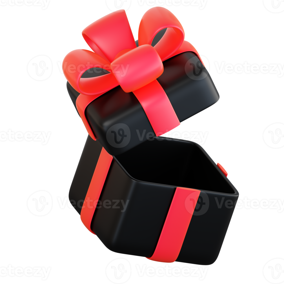 Realistic black gift box with red ribbon bow. Concept of abstract holiday, birthday, Christmas or Black Friday present or surprise. 3d high quality isolated render png