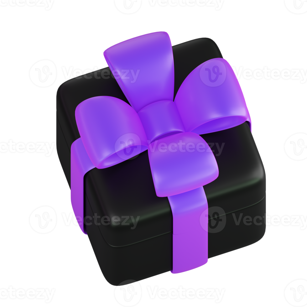 Realistic black gift box with violet or purple ribbon bow. Concept of abstract holiday, birthday, Christmas or Black Friday present or surprise. 3d high quality isolated render png