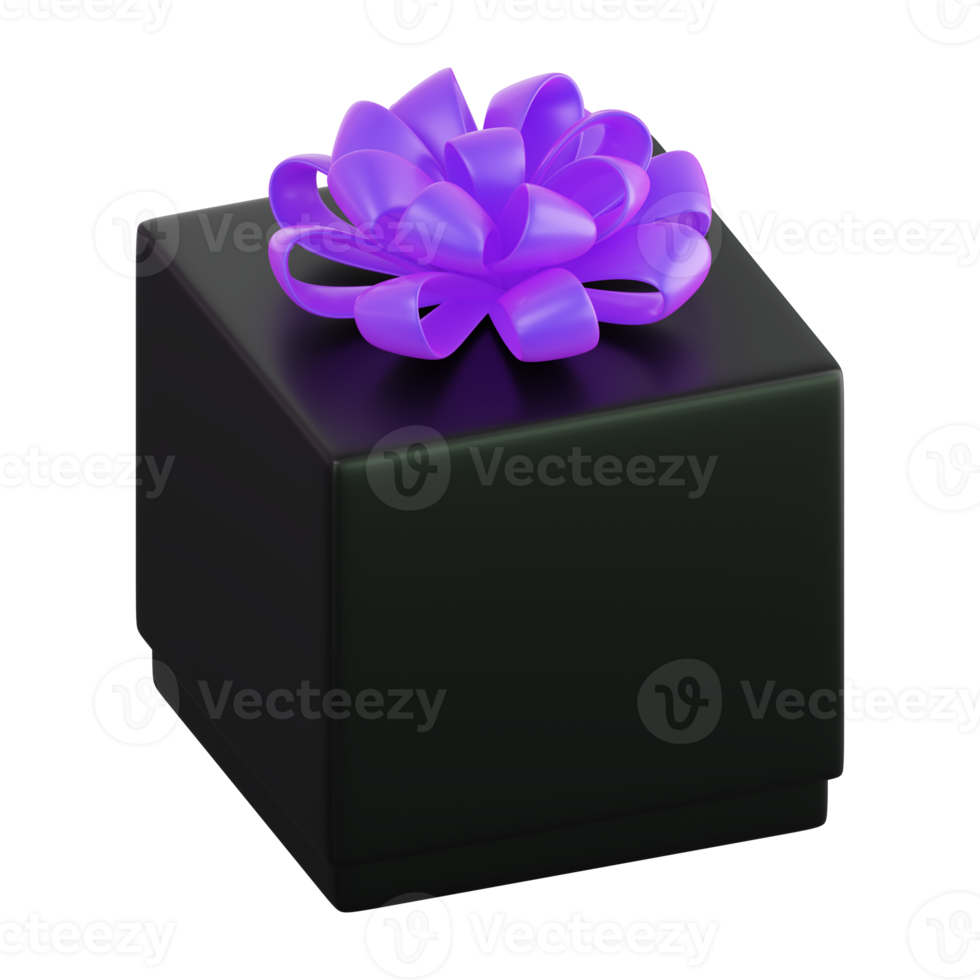 Realistic black gift box with violet or purple ribbon bow. Concept of abstract holiday, birthday, Christmas or Black Friday present or surprise. 3d high quality isolated render png