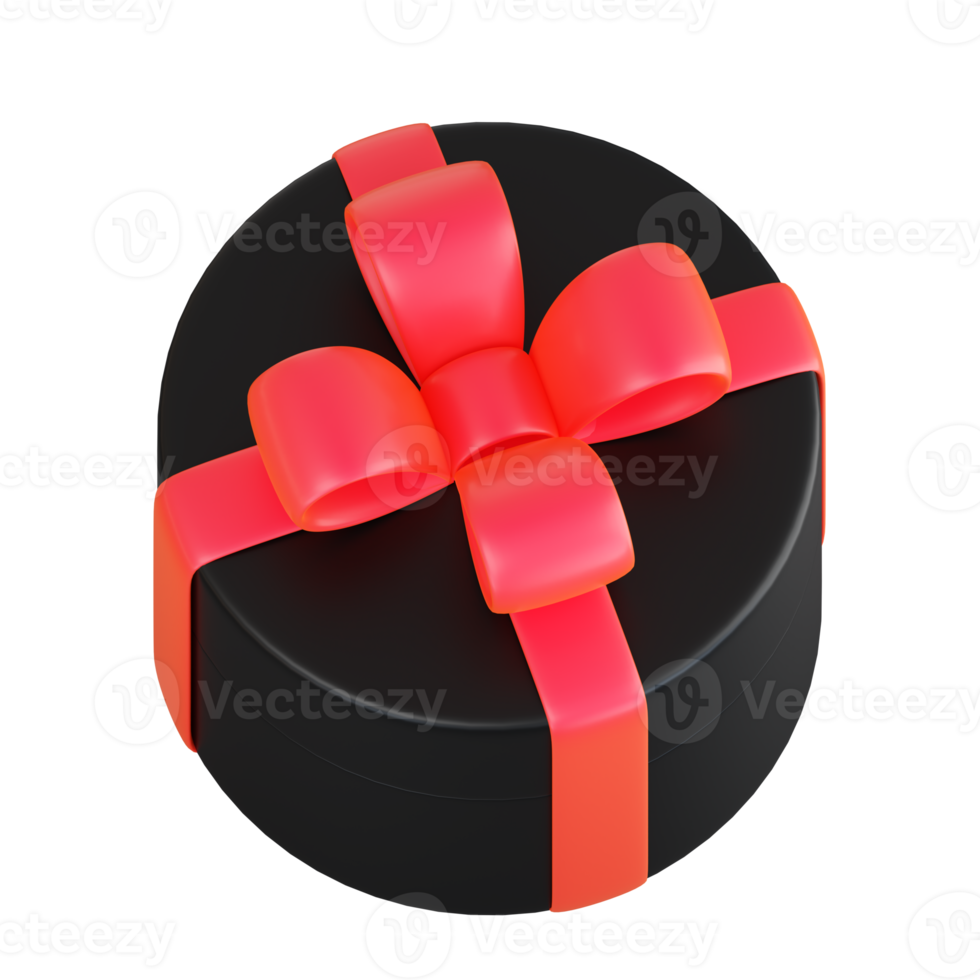 realistische schwarze geschenkbox mit roter schleife. konzept des abstrakten feiertags-, geburtstags-, weihnachts- oder schwarzen freitagsgeschenks oder der überraschung. 3d hochwertiges isoliertes rendern png