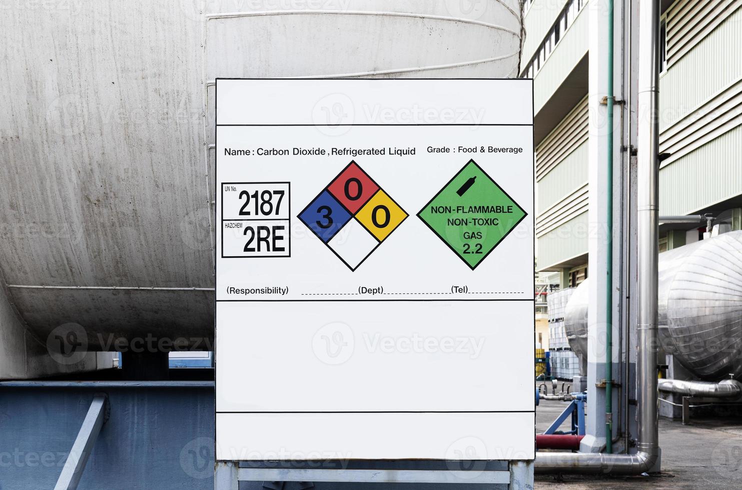 Chemical name and chemical formula icon on white sign with large carbon dioxide chemical tank photo