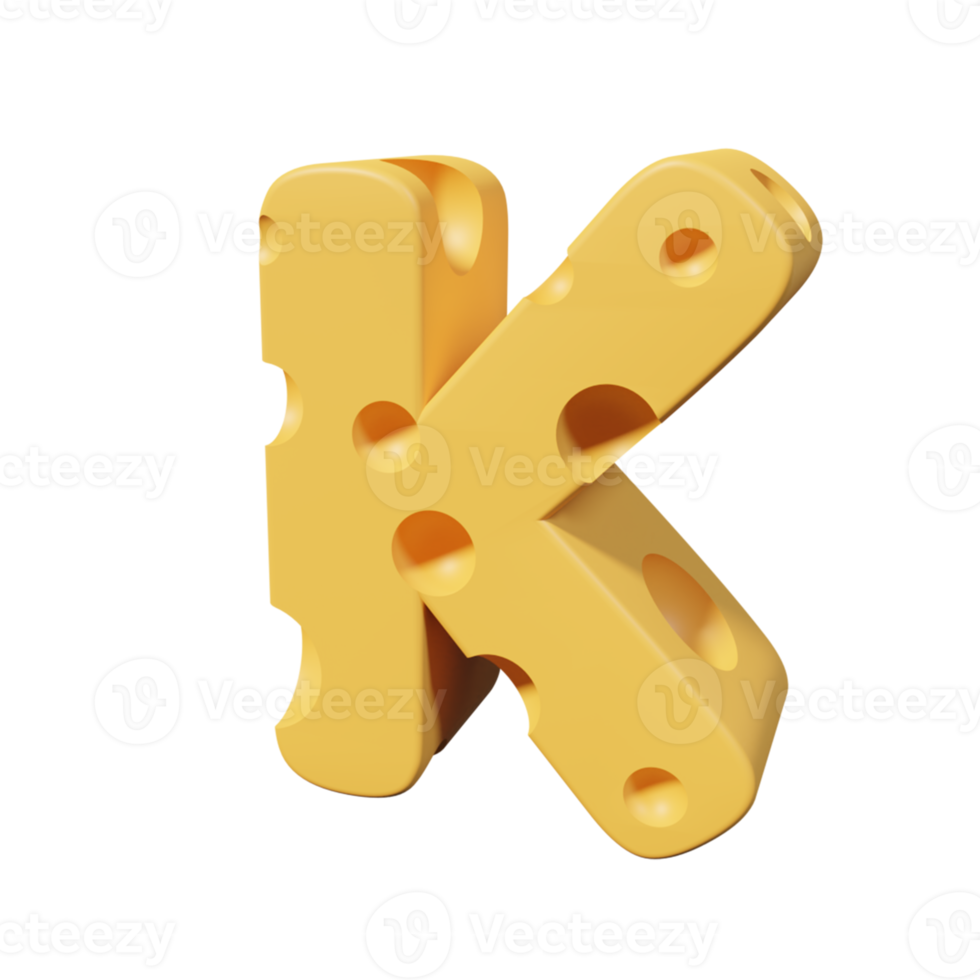 letras de queso k. renderizado de fuente 3d png