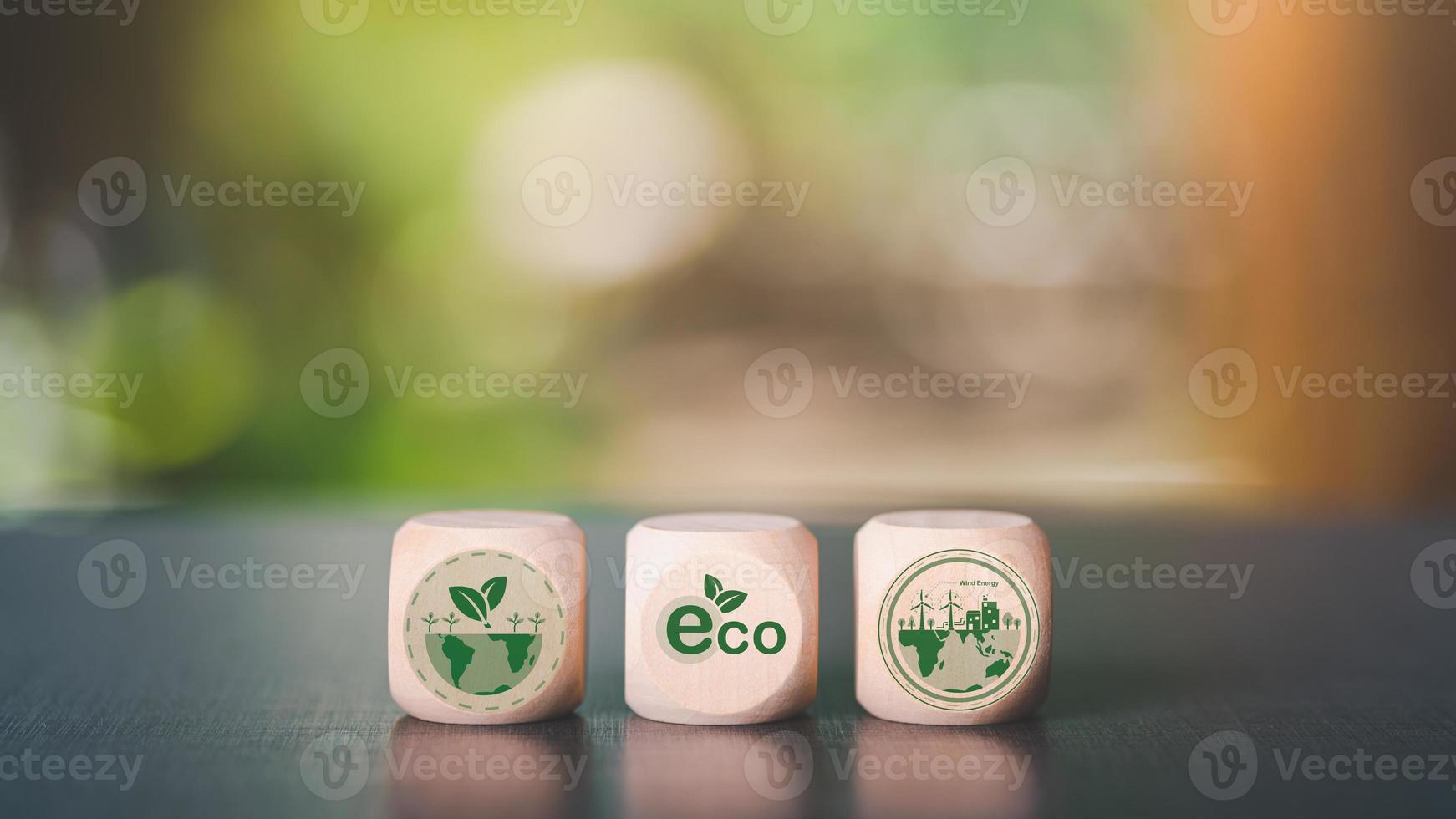 wooden blocks on table natural background,concept protecting environment alternative energy Sustainable renewable energy sources Green energy innovation and environmentally friendly energy technology photo