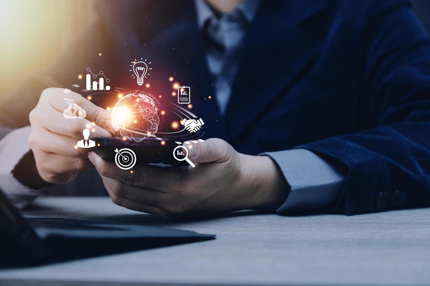 woman Hand holding virtual Global Internet connection metaverse. Business global internet connection application technology and digital marketing, Financial and banking, Digital link tech, big data. photo