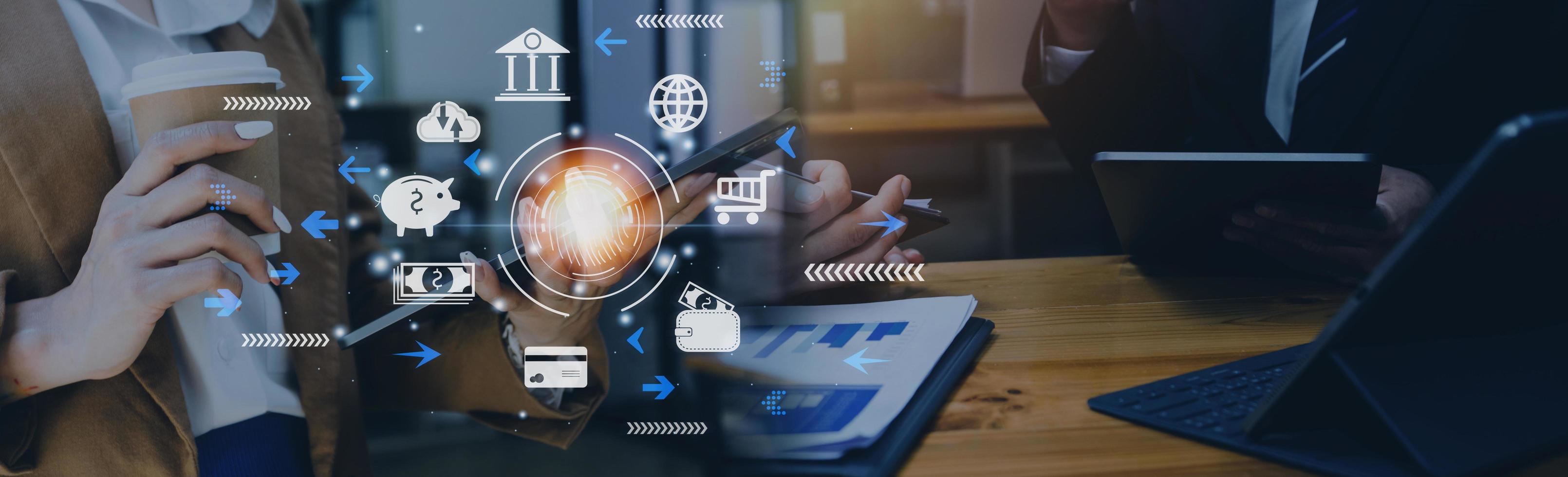 futuristic digital processing of biometric identification fingerprint scanner for access personal financial data. surveillance and security scanning of digital programs cyber futuristic applications photo