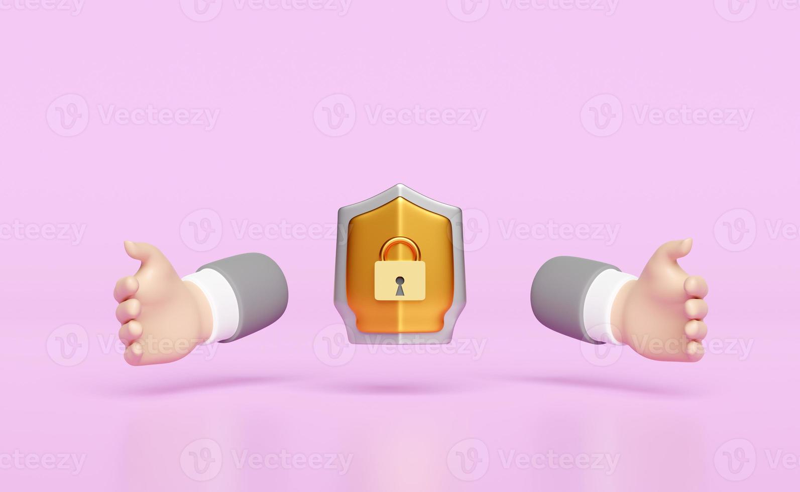 businessman hands protecting shield isolated on pink background. Internet security or privacy protection or ransomware protect concept, 3d illustration, 3d render photo