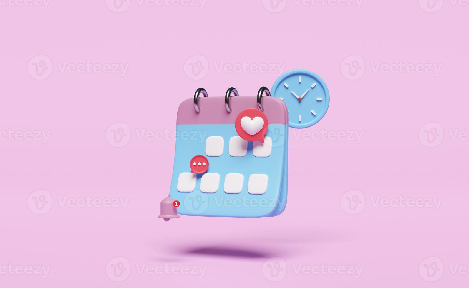 Calendario 3d con reloj, iconos de burbujas de chat, fecha marcada, campana de notificación aislada en fondo rosa. programar cita concepto, 3d renderizar ilustración foto