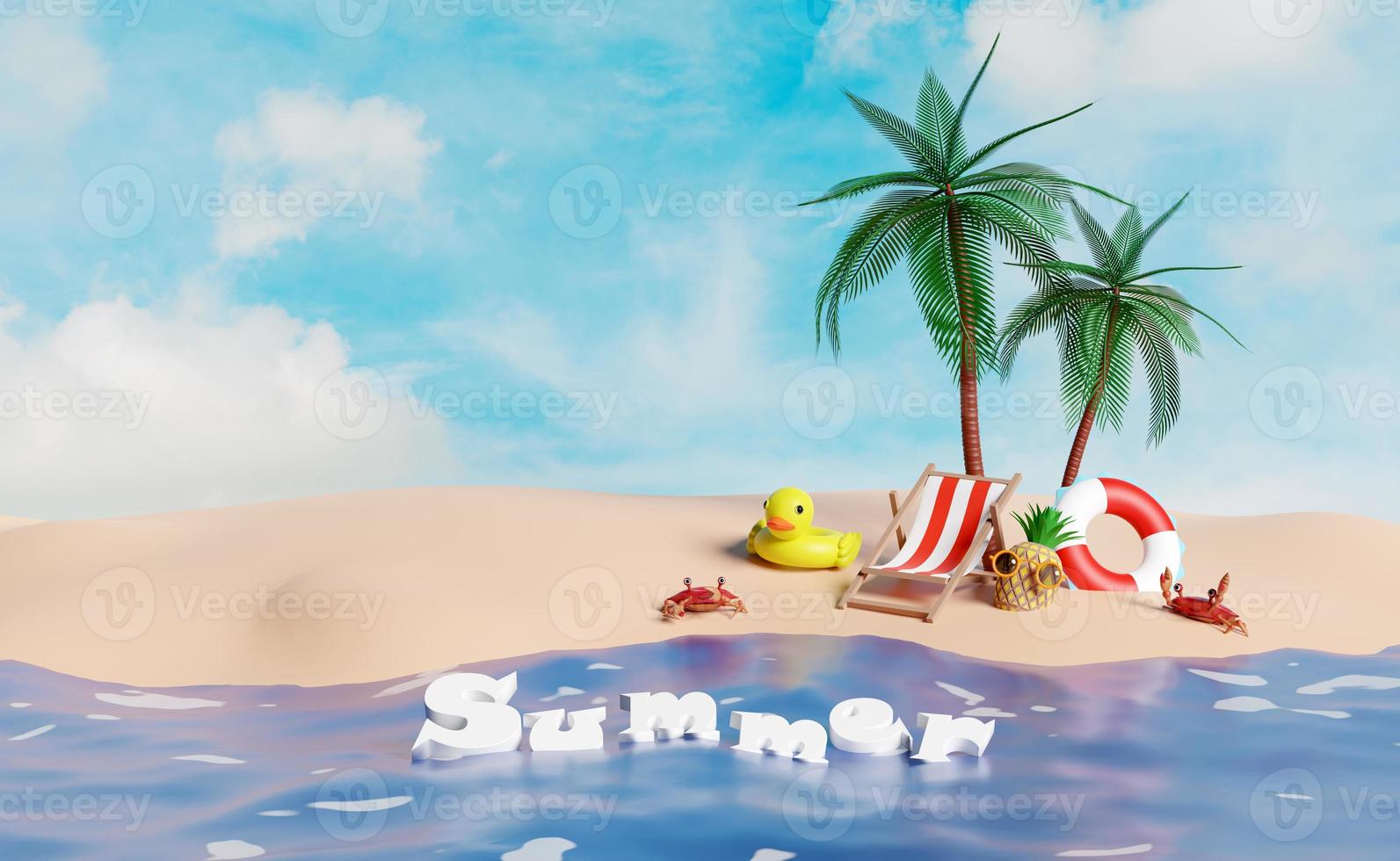 3d summer travel concept with palm tree, lifebuoy, seaside, pineapple, yellow duck, crab, sunglasses, beach isolated on blue sky background. 3d render illustration photo