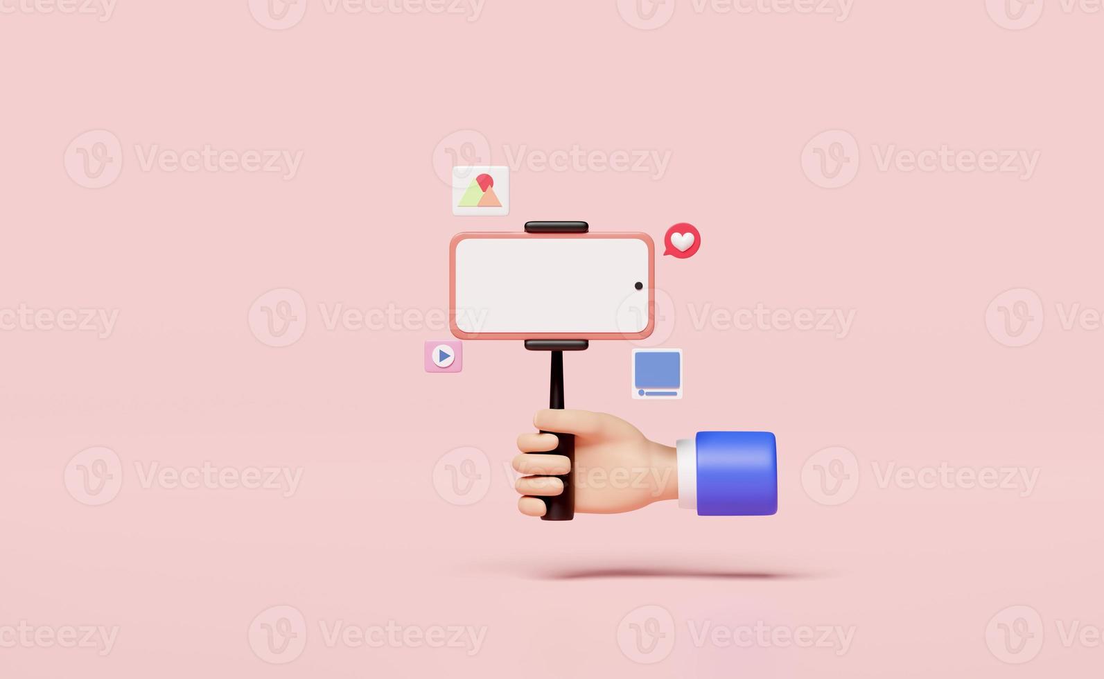 3D social media with hand holding mobile phone, smartphone, tripod icons isolated on pink background. online video live streaming, communication applications concept, 3d render illustration photo