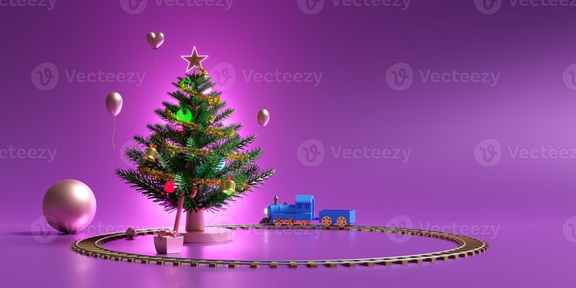 Christmas tree stage podium and ornaments, steam train transport toy in purple or violet composition for website, poster or Happiness cards, Christmas banner, festive New Year, 3d illustration render photo