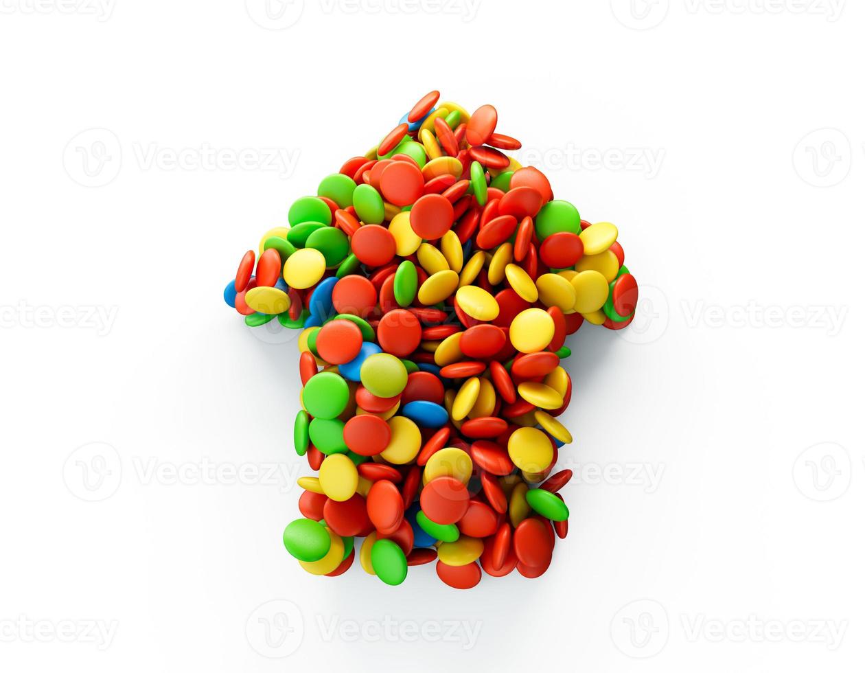 Pointer Up arrow of chocolate candy with colored glaze on a White background 3d illustration photo
