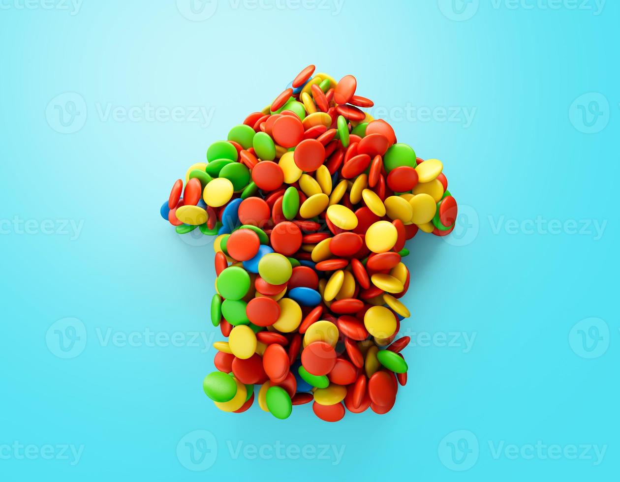 Pointer arrow of chocolate candy with colored glaze on a blue background 3d illustration photo