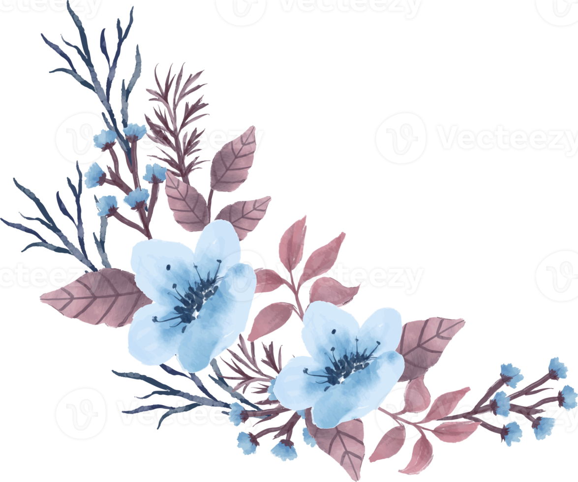 schöne anordnung der blauen blumen und der braunen blattaquarellillustration png