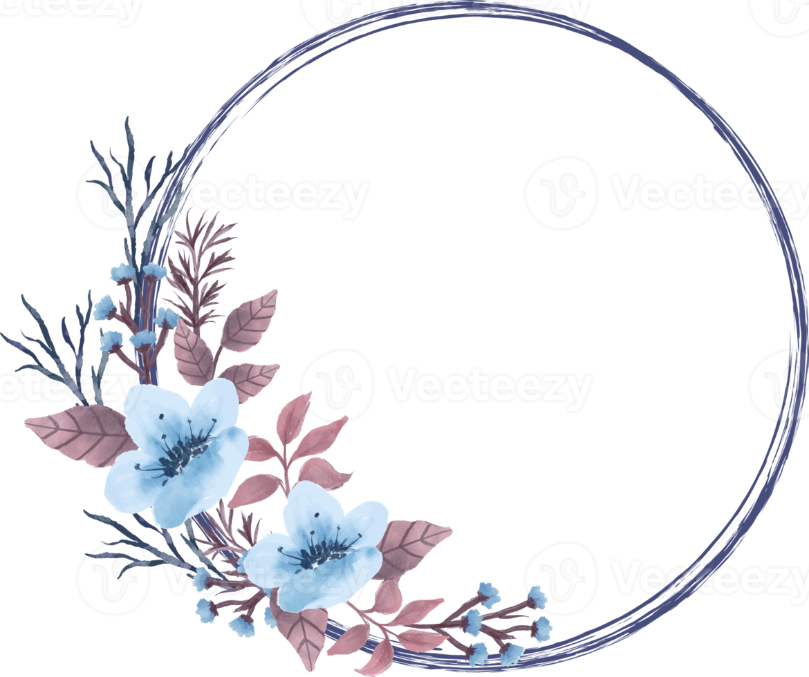 beautiful flower wreath with blue flowers and brown leaves watercolor illustration png