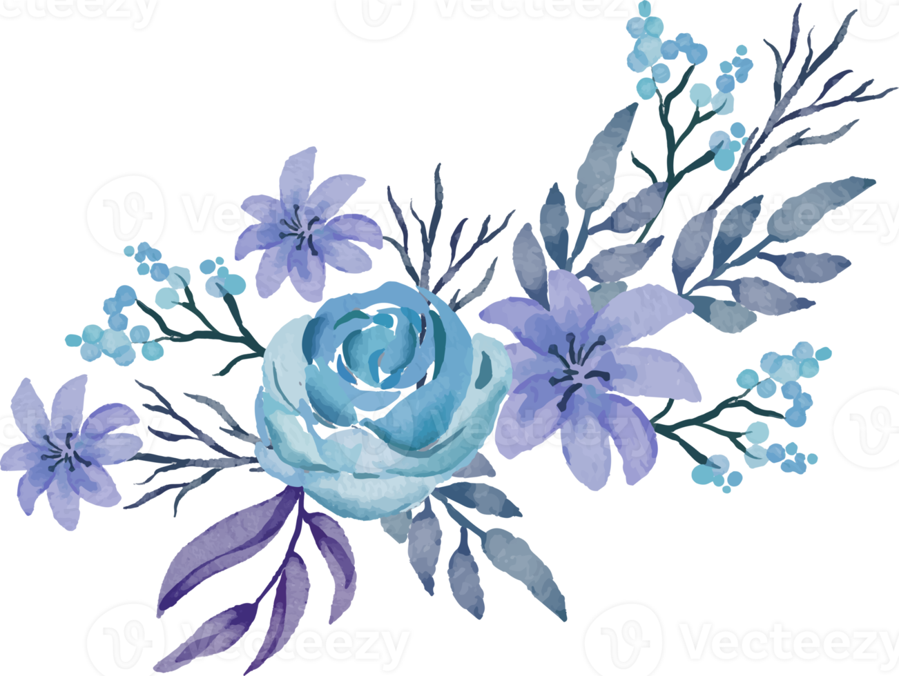 beautiful arrangement of purple and blue flowers and leaves watercolor illustration png