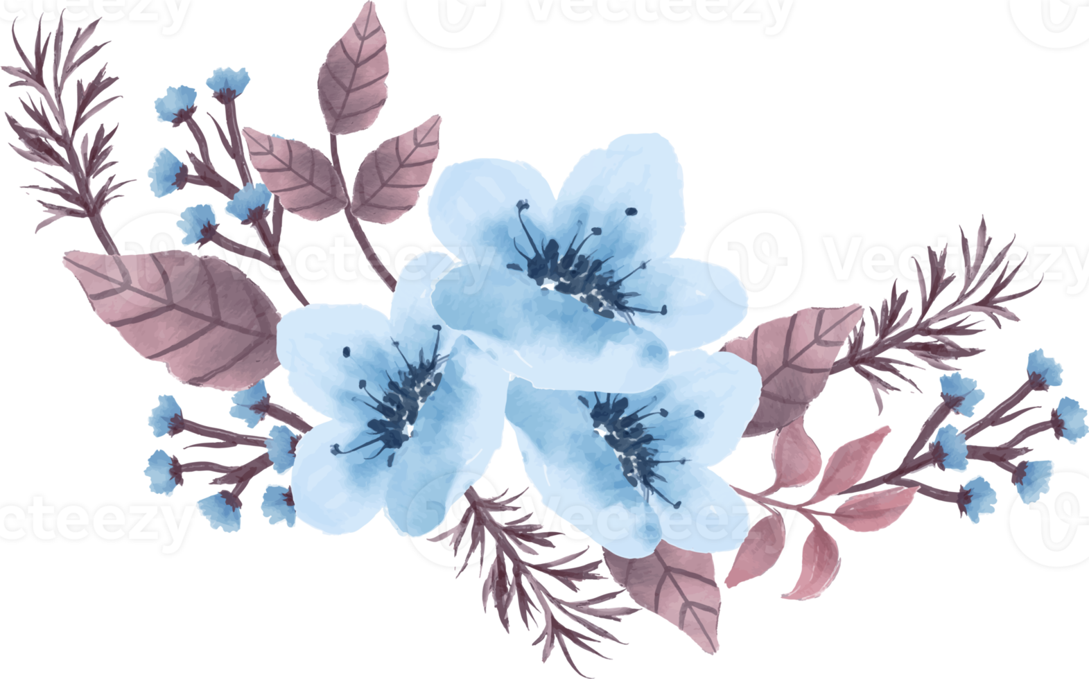 hermoso arreglo de flores azules y hojas marrones ilustración acuarela png