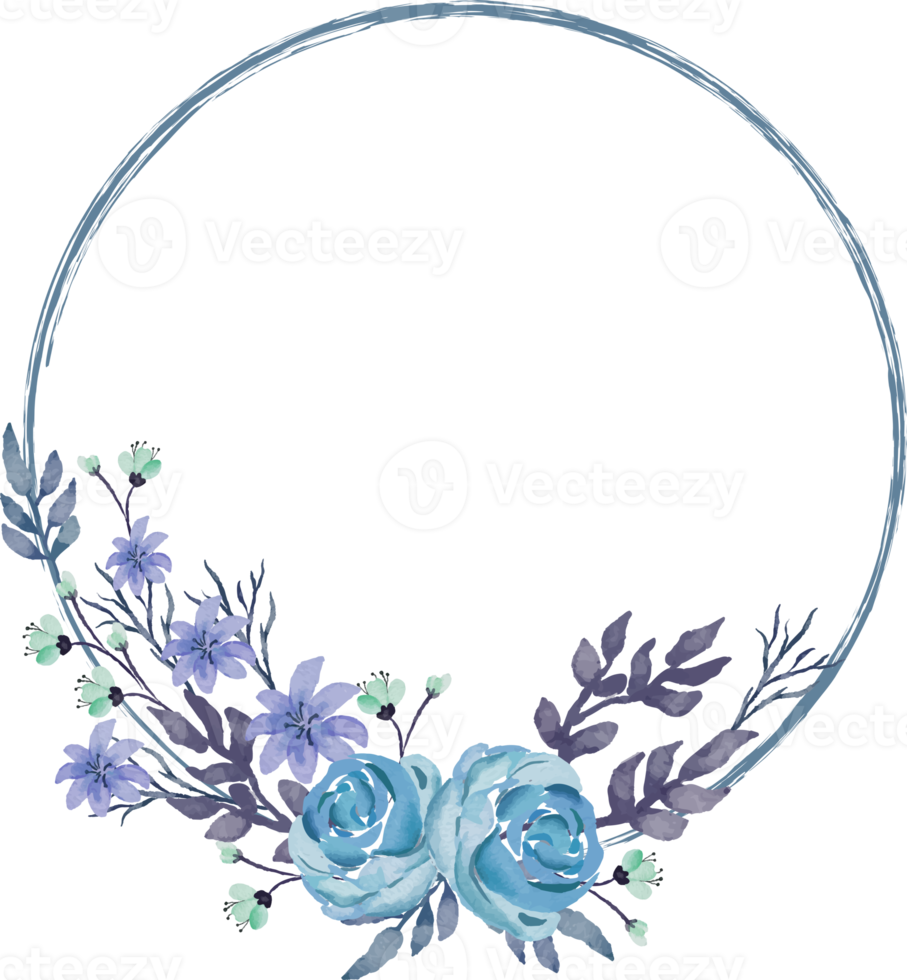 beautiful flower wreath with purple and blue flowers and leaves watercolor illustration png