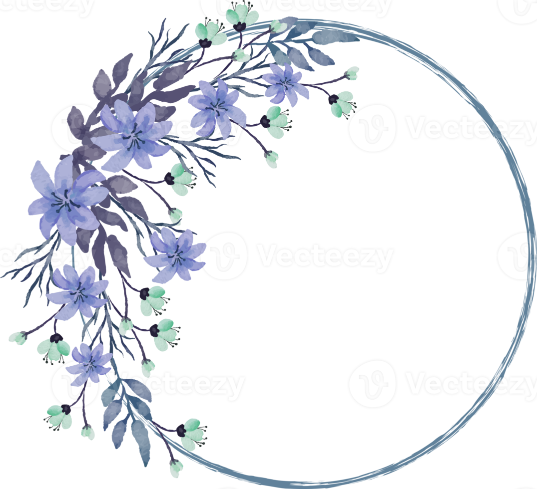 beautiful flower wreath with purple and blue flowers and leaves watercolor illustration png