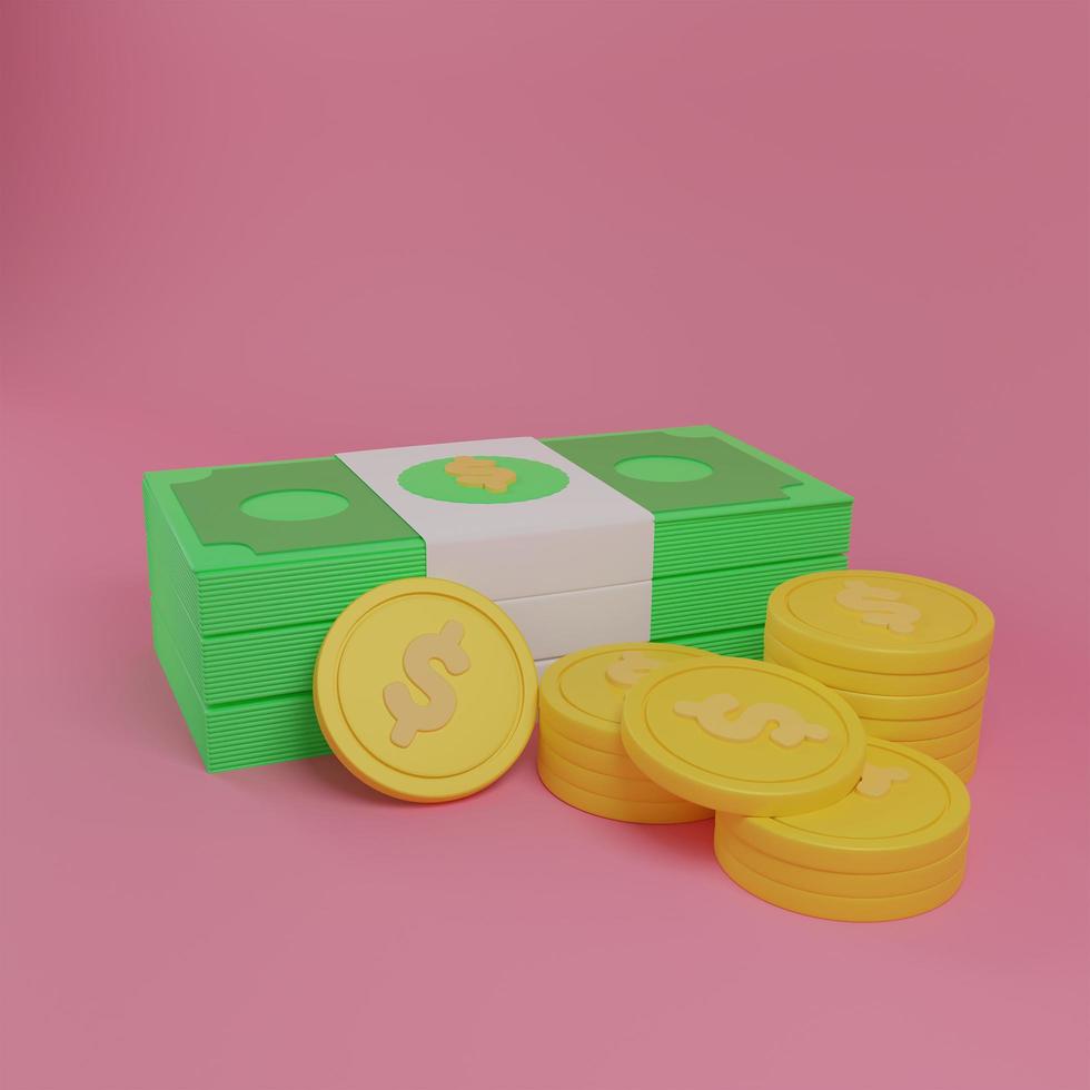 Money concept. Coins stack and bundles of money on pink background. 3d render illustration photo