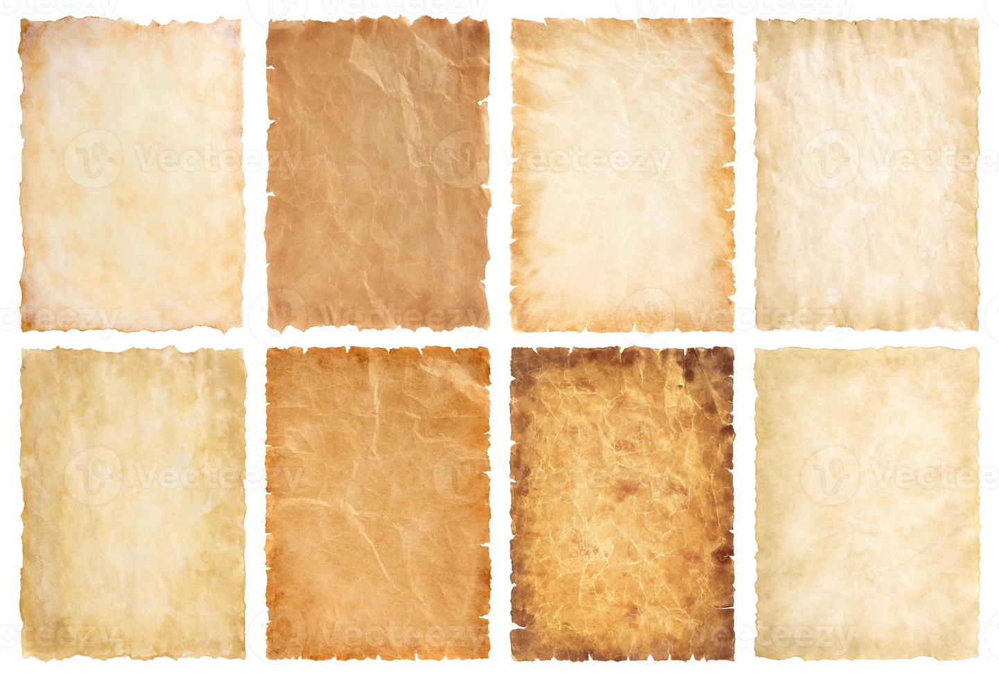 collection set old parchment paper sheet vintage aged or texture isolated on white background photo