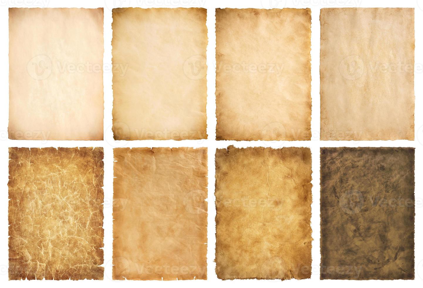 collection set old parchment paper sheet vintage aged or texture isolated on white background photo
