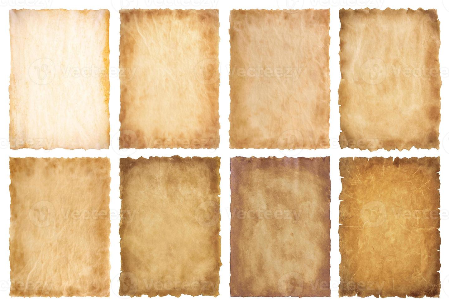 collection set old parchment paper sheet vintage aged or texture isolated on white background photo