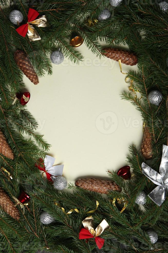 Merry Christmas and Happy New Year. A New Year's background with New Year decorations. New Year's card. photo