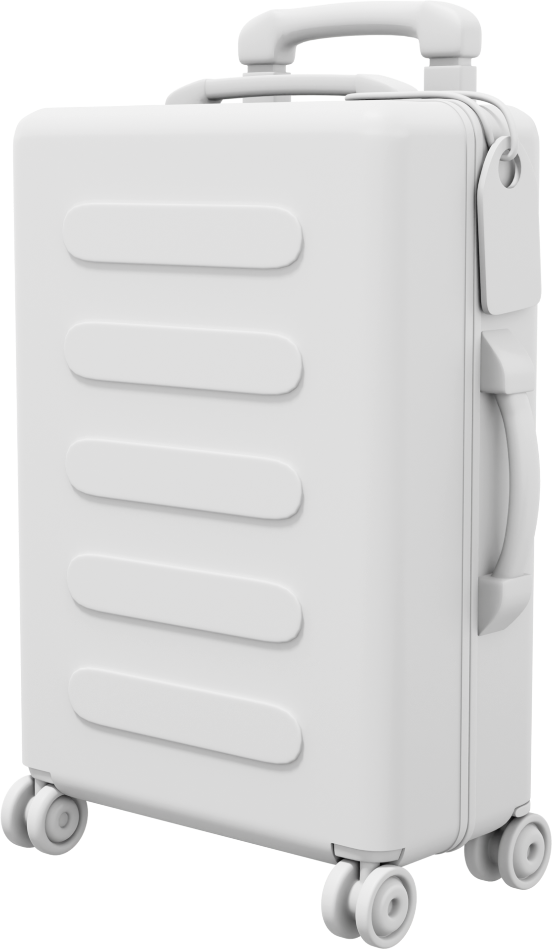 Travel white suitcase on wheels with a handle. PNG icon on transparent