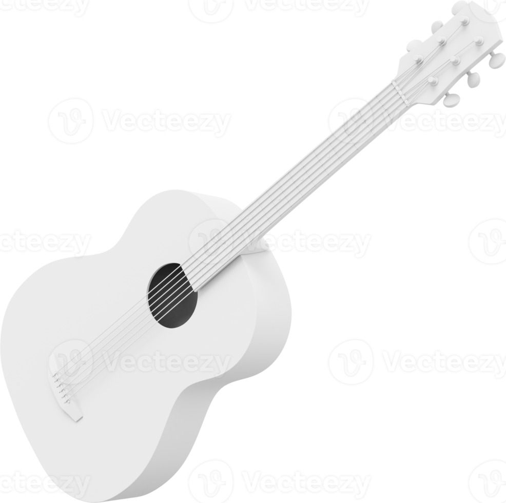 White acoustic guitar. 3D rendering. PNG icon on transparent background.