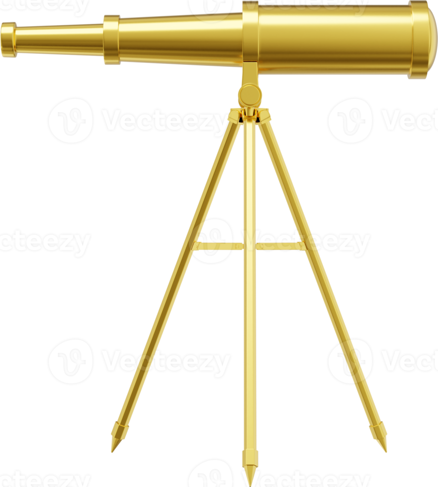 Telescope gold metal, side view. 3d rendering. PNG icon on transparent background.