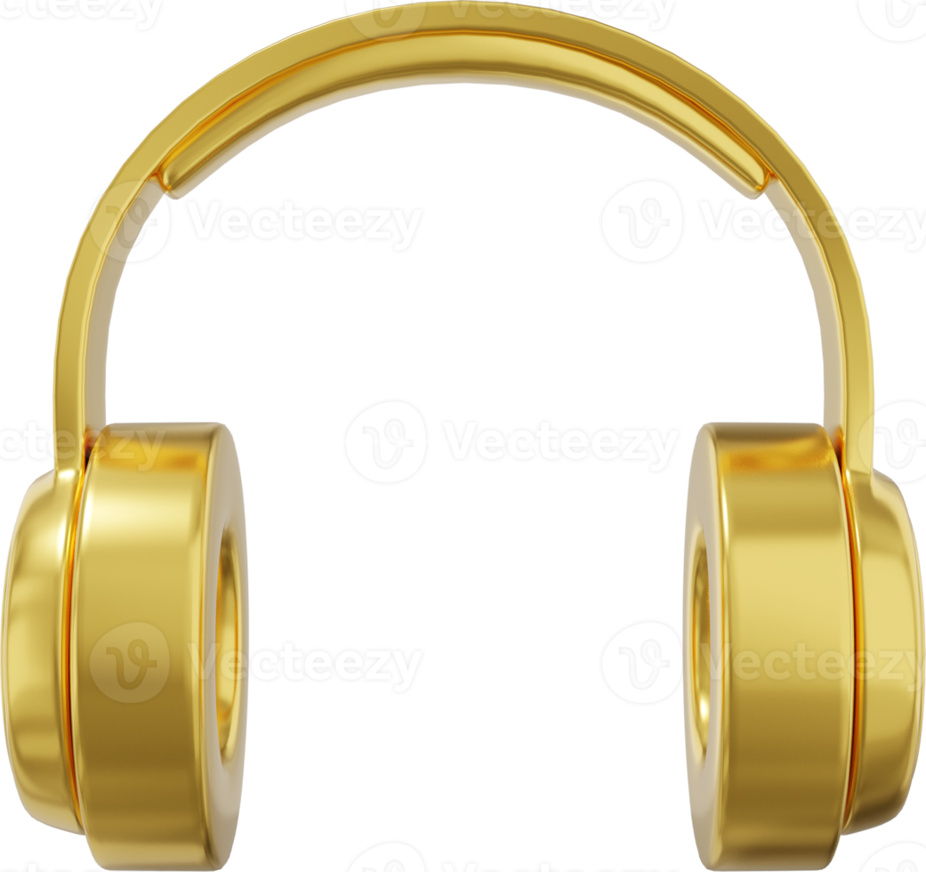 Wireless headphones front view. Gold PNG icon on a transparent background. 3D rendering.