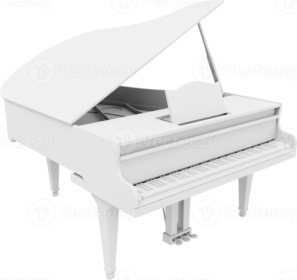 White grand piano, musical instrument. 3d rendering. PNG icon on transparent background.