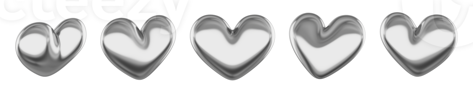 Set of silver stylized hearts. Views from different sides. 3D rendering. Symbol of love, likes, romance. PNG icon on transparent background.