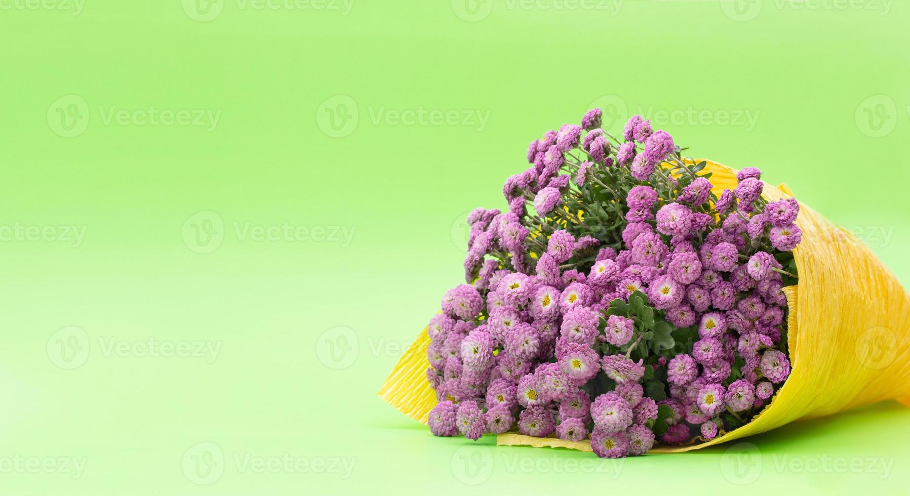 Bouquet of small lilac chrysanthemums in yellow paper on green background. Congratulation, birthday gift, international women's, mother's day. Copy space photo