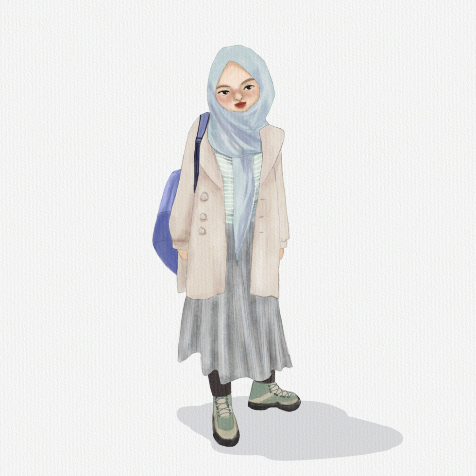 Illustration of muslimah bring backpack standing alone png