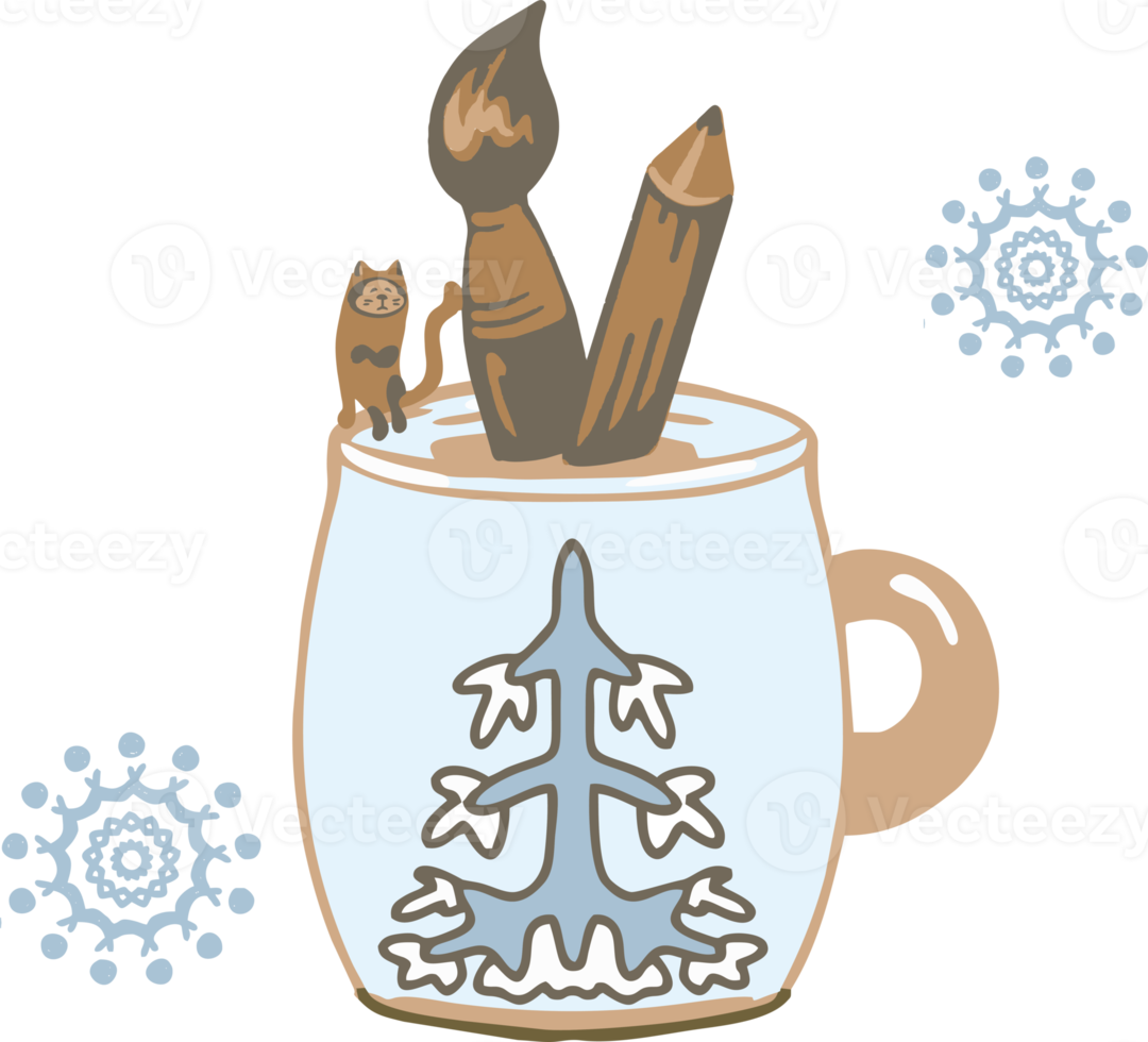 una taza con la imagen de un árbol de invierno se ha convertido en un soporte para un pincel, un lápiz y un gato. copos de nieve alrededor. png