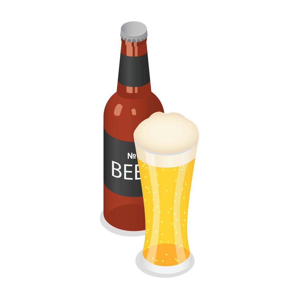 Bottle and glass of beer icon, isometric style vector